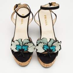 Prada Multicolor Suede Flower Applique Ankle Strap Platform Sandals Size 37.5