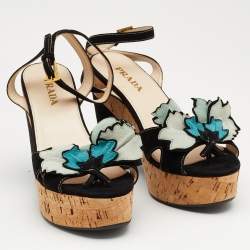 Prada Multicolor Suede Flower Applique Ankle Strap Platform Sandals Size 37.5