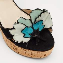 Prada Multicolor Suede Flower Applique Ankle Strap Platform Sandals Size 37.5