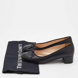 Pre Owned Prada Black Leather Bow Cap Toe Block Heel Pumps Size 36.5