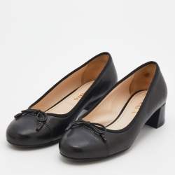 Pre Owned Prada Black Leather Bow Cap Toe Block Heel Pumps Size 36.5