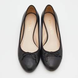 Pre Owned Prada Black Leather Bow Cap Toe Block Heel Pumps Size 36.5