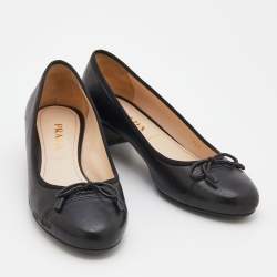 Pre Owned Prada Black Leather Bow Cap Toe Block Heel Pumps Size 36.5