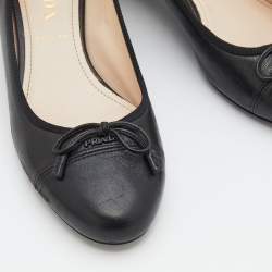Pre Owned Prada Black Leather Bow Cap Toe Block Heel Pumps Size 36.5