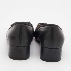 Pre Owned Prada Black Leather Bow Cap Toe Block Heel Pumps Size 36.5