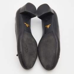 Pre Owned Prada Black Leather Bow Cap Toe Block Heel Pumps Size 36.5