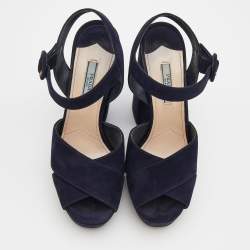 Pre Owned Prada Navy Blue Suede Ankle Strap Platform Sandals Size 38