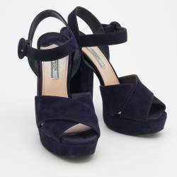 Pre Owned Prada Navy Blue Suede Ankle Strap Platform Sandals Size 38