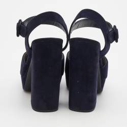 Pre Owned Prada Navy Blue Suede Ankle Strap Platform Sandals Size 38