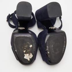 Pre Owned Prada Navy Blue Suede Ankle Strap Platform Sandals Size 38