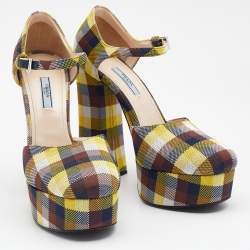 Pre Owned Prada Multicolor Check Canvas Platform Ankle Strap Pumps Size 41