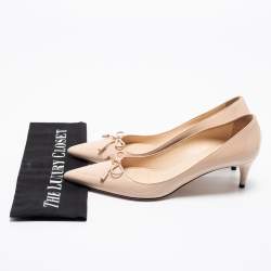 Pre Owned Prada Beige Patent Leather Bow Pointed-Toe Pumps Size 37.5