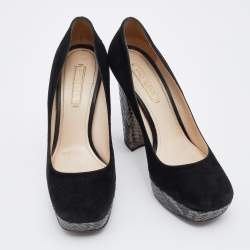 Pre Owned Prada Black/Grey Suede and Python Block Heel Platform Pumps Size 38