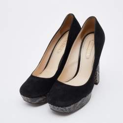Pre Owned Prada Black/Grey Suede and Python Block Heel Platform Pumps Size 38