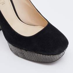 Pre Owned Prada Black/Grey Suede and Python Block Heel Platform Pumps Size 38