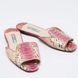 Pre Owned Prada Pink/Beige Python Leather Flat Slides Size 36
