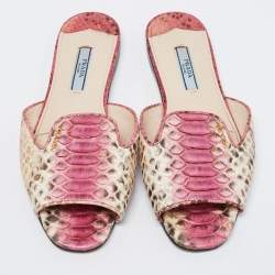 Pre Owned Prada Pink/Beige Python Leather Flat Slides Size 36
