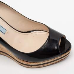 Pre Owned Prada Black Patent Leather Peep Toe Cork Wedge Pumps Size 36