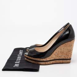 Pre Owned Prada Black Patent Leather Peep Toe Cork Wedge Pumps Size 36