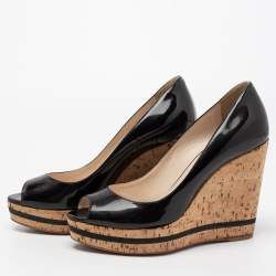 Pre Owned Prada Black Patent Leather Peep Toe Cork Wedge Pumps Size 36