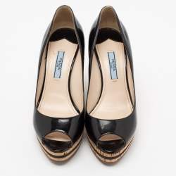 Pre Owned Prada Black Patent Leather Peep Toe Cork Wedge Pumps Size 36