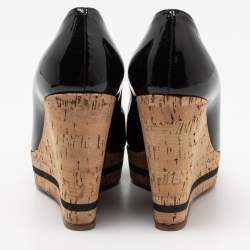 Pre Owned Prada Black Patent Leather Peep Toe Cork Wedge Pumps Size 36