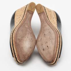 Pre Owned Prada Black Patent Leather Peep Toe Cork Wedge Pumps Size 36