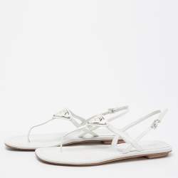 Pre Owned Prada White Patent Leather Logo Thong Flats Size 39