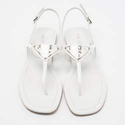 Pre Owned Prada White Patent Leather Logo Thong Flats Size 39