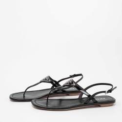 Pre Owned Prada Black Patent Leather Logo Thong Flats Size 39