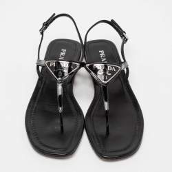 Pre Owned Prada Black Patent Leather Logo Thong Flats Size 39