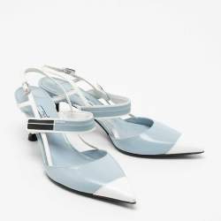 Pre Owned Prada Light Blue/White Leather and Rubber Pointed-Toe Slingback Pumps Size 38