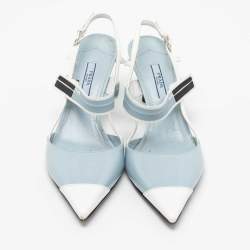 Pre Owned Prada Light Blue/White Leather and Rubber Pointed-Toe Slingback Pumps Size 38