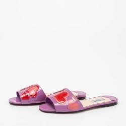 Prada Purple Patent Leather Heart Motif Flat Slide Sandals Size 38.5