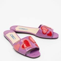 Prada Purple Patent Leather Heart Motif Flat Slide Sandals Size 38.5