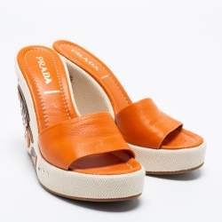 Pre Owned Prada Orange Leather Fish Studded Platform Wedge Slide Sandals Size 38