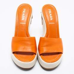 Pre Owned Prada Orange Leather Fish Studded Platform Wedge Slide Sandals Size 38