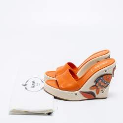 Pre Owned Prada Orange Leather Fish Studded Platform Wedge Slide Sandals Size 38