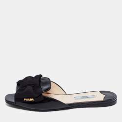 Pre Owned Prada Black Patent Leather and Fabric Bow Flat Slides Size 36.5