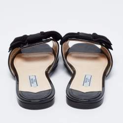 Pre Owned Prada Black Patent Leather and Fabric Bow Flat Slides Size 36.5