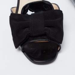 Pre Owned Prada Black Patent Leather and Fabric Bow Flat Slides Size 36.5