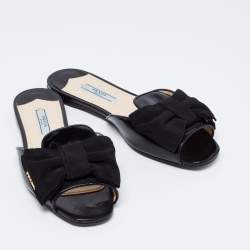 Pre Owned Prada Black Patent Leather and Fabric Bow Flat Slides Size 36.5
