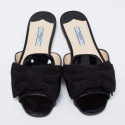 Pre Owned Prada Black Patent Leather and Fabric Bow Flat Slides Size 36.5