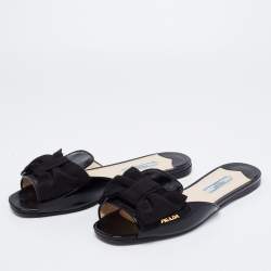 Pre Owned Prada Black Patent Leather and Fabric Bow Flat Slides Size 36.5