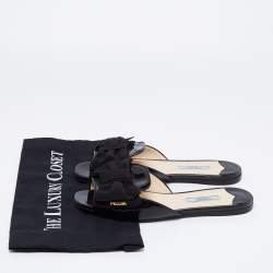 Pre Owned Prada Black Patent Leather and Fabric Bow Flat Slides Size 36.5