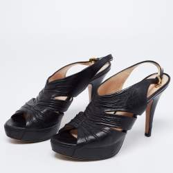 Prada Black Leather Strappy Open Toe Slingback Platform Sandals Size 37.5