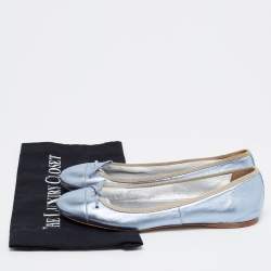 Pre Owned Prada Metallic Blue Leather Bow Ballet Flats Size 39.5