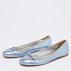 Pre Owned Prada Metallic Blue Leather Bow Ballet Flats Size 39.5
