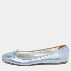 Pre Owned Prada Metallic Blue Leather Bow Ballet Flats Size 39.5