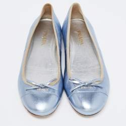 Pre Owned Prada Metallic Blue Leather Bow Ballet Flats Size 39.5